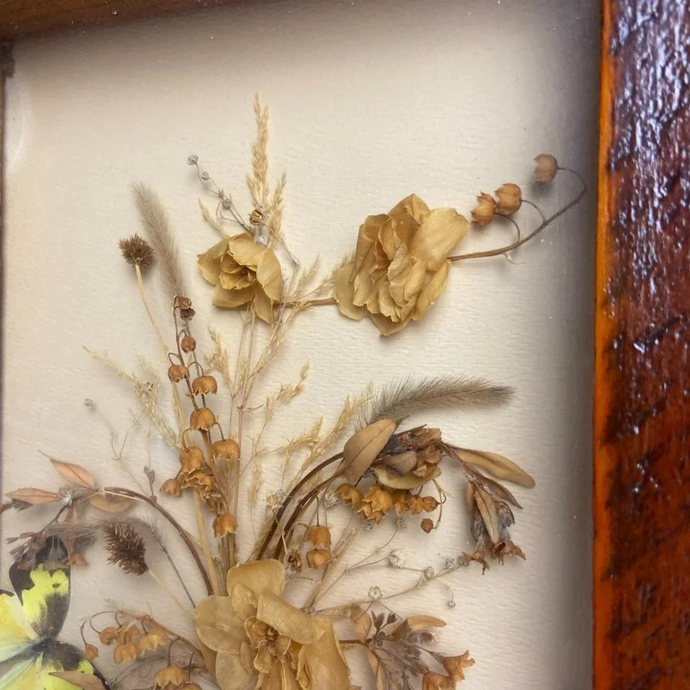Vintage Wall Decor Botanical Art Yellow Butterfly Wooden Frame